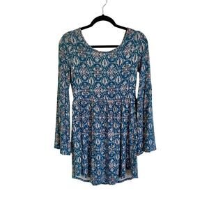 O'Neill Blue Boho Print Mini Dress Bell Sleeves V-Neck Back Viscose Size Small